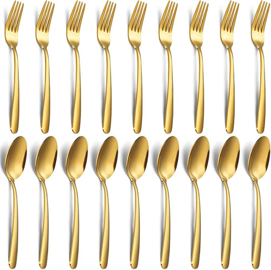 24-piece Forks and Spoons Silverware Set, Unokit Stainless Steel Flatware Cutlery Set for Home, Kitchen and Restaurant, 12 Dinner Forks and 12 Dinner Spoons, Mirror Polished&Dishwasher Safe - gold