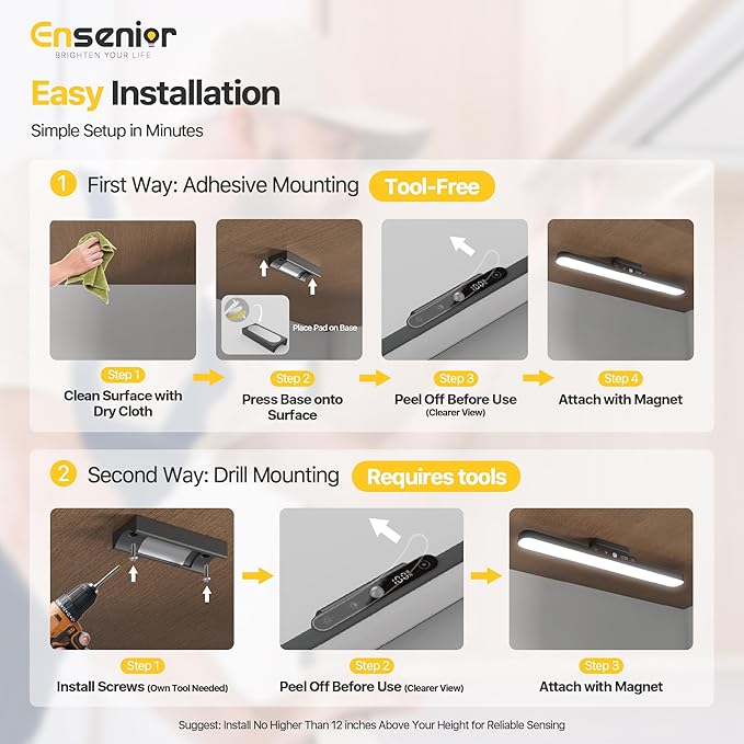 Ensenior Light Bar, 14 inch Rechargeable Under Cabinet Motion Sensor Lighting with Stepless Dimming Magnetic 3CCT Remote 2000mAh, Motion Sensor Light Indoor for Kitchen, Vanity Mirror, Closet, 2 Pack