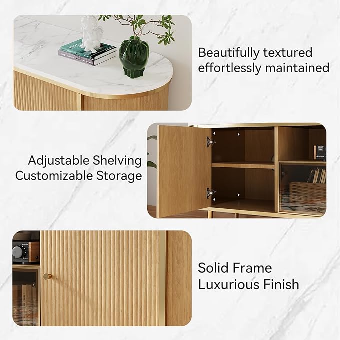 Luxury 70" Fluted TV Stand, Modern Entertainment Center for TVs Up to 80”, TV Console with Faux Marble Tabletop, Curved Profile Design, Media Console for Living Room, Wood