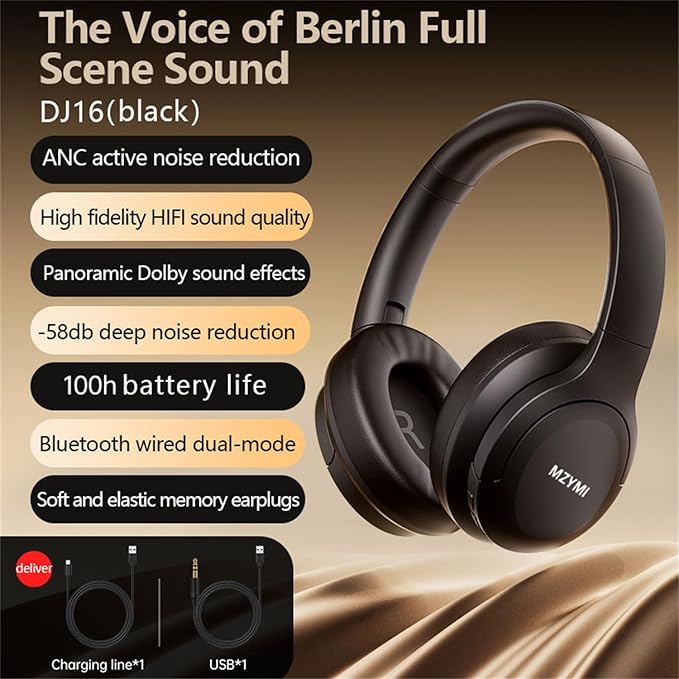 MZYMI Wireless Over Ear Bluetooth Headphones, 100H Playtime Active Noise Cancelling Headphone, Portable Foldable Headphone with Microphone for Work, Gym, Travel, Game, Black