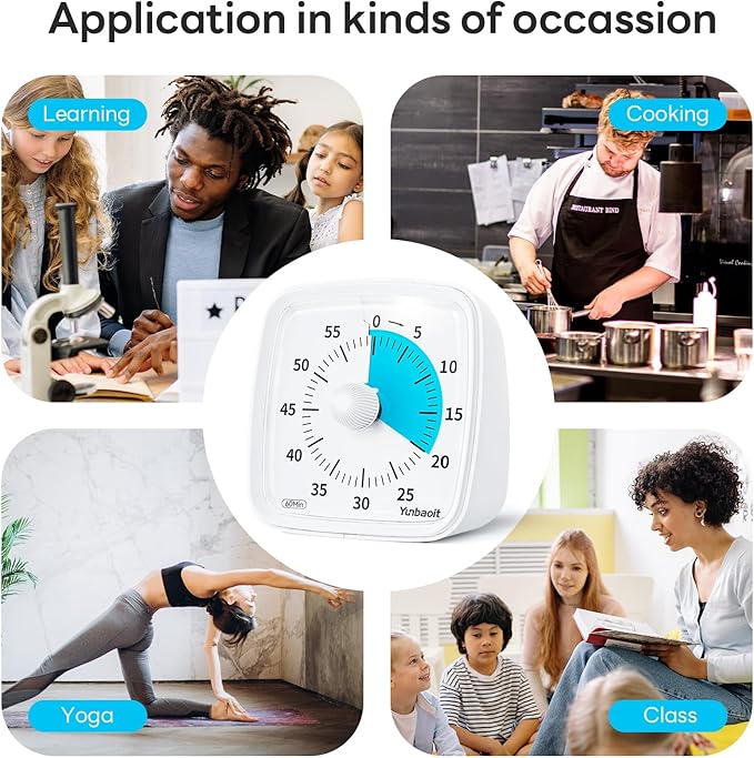 Yunbaoit Visual Timer with Night Light, 60-Minute Countdown Timer for Kids and Adults, Silent Classroom Timer, Time Management Tool for Home, School, or Work (Light White)