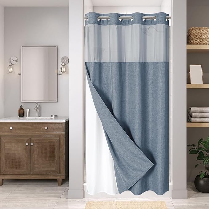 Stall No Hooks Needed Linen Textured Shower Curtain with Snap-in Fabric Liner Set,Hotel Luxury Decor Farmhouse Shower Curtains for Bathroom,Waterproof & Washable,54Wx80H,Blue Grey