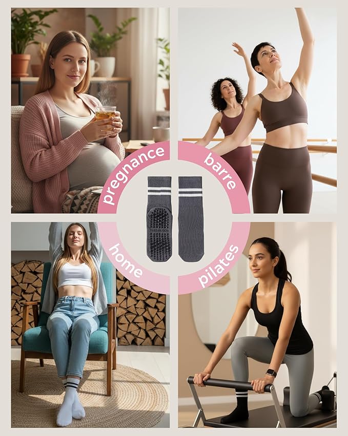 Pilates Socks with Grips for Women Grippy Non Slip Crew Socks for Yoga Barre Hospital Striped 3 Pairs