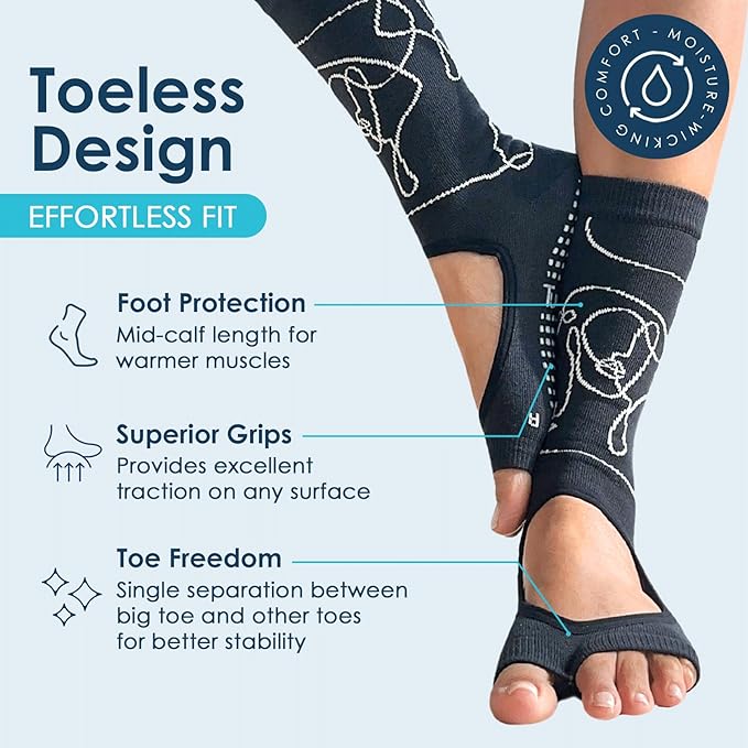 Tucketts Crew Toeless Non-Slip Grip Socks - Anti Skid Yoga, Barre, Pilates, Home & Leisure, Pedicure