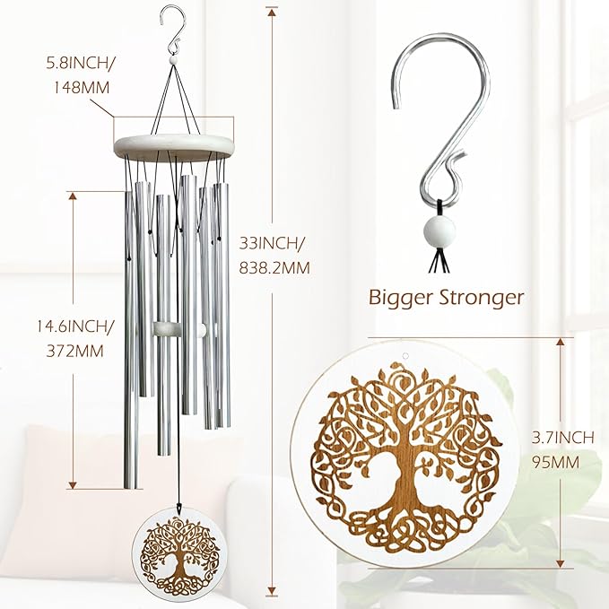 Wind Chimes Tree of Life for Loss of Loved One,33" Memorial Windchimes for Clearance,Sympathy Gift,Housewarming Gift,Listen to The Wind Chimes for Garden,Patio Decoration(Silver)