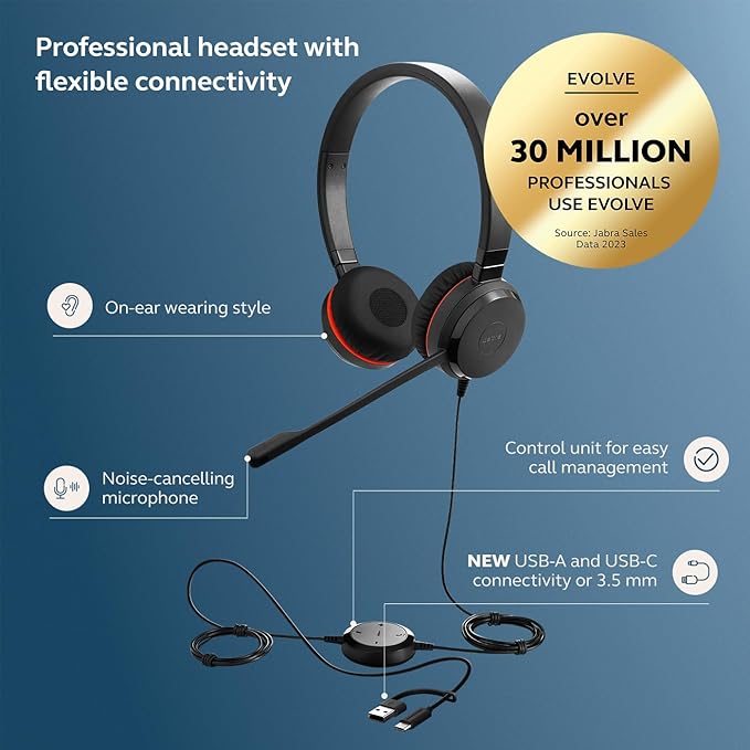 Jabra Evolve 30 II Wired Dual-Ear Headset with Mic for Work - 3.5mm Jack or USB-A/USB-C Connectivity, Computer Headset with Noise-Cancelling Microphone, Microsoft Teams Certified, Call Control – Black