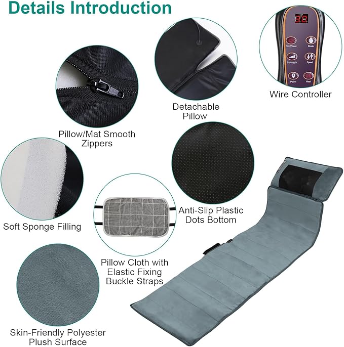 Full Body Massage Mat with Heat, Back Massage Pad with Neck Massage Pillow with 10 Vibration Motors, Multifunctional Electric Massage Chair Back Pad for Back Lumbar Leg Pain Relief