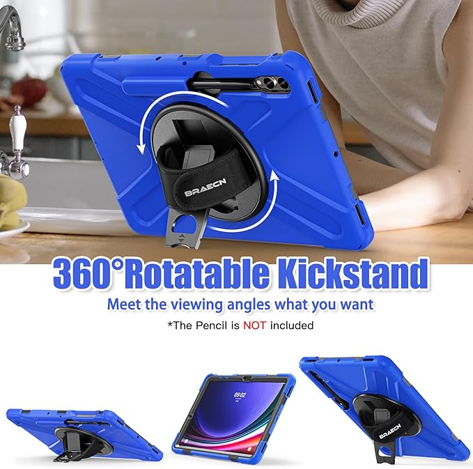 BRAECNstock Case for Samsung Galaxy Tab S10+ Plus/ S9 FE+ Plus/ S9+ Plus/ S8+ Plus/ S7 FE/ S7+ Plus 5G 12.4 inch Shockproof Protective Kids Cover with Pen Holder Rotating Hand Strap & Stand - Blue