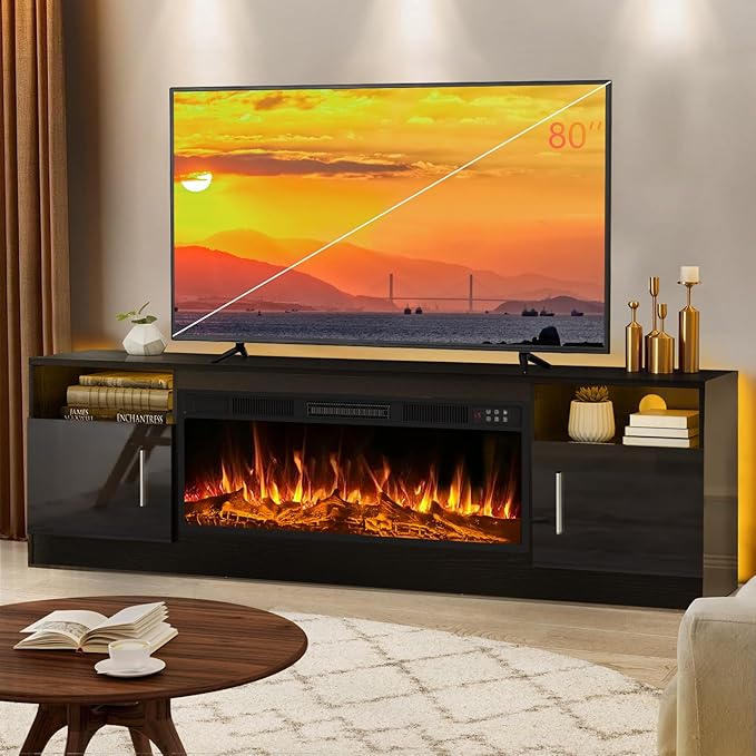 Lemberi Fireplace tv Stand with 36 inch Fireplace Up to 80" TVs,LED Light Entertainment Center and Storage, 70" Modern Wood Media TV Console with Highlight Cabinet for Living Room (Black)
