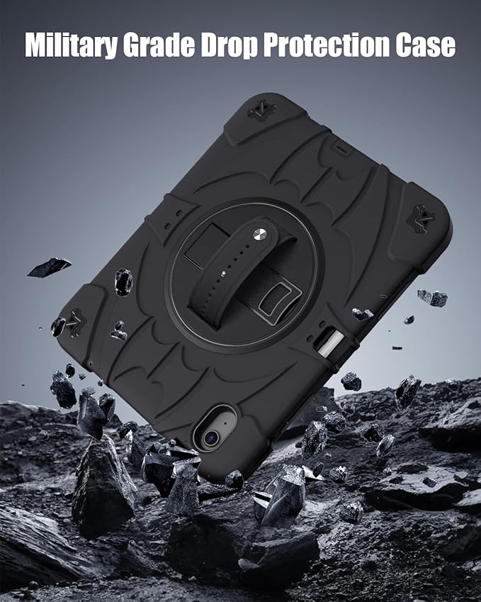 for iPad(A16) 11 inch 2025 case/10.9 inch iPad 10th Generation Case, Heavty Duty Shockproof Full Protective Case with Screen Protector and Rotatable Hand Strap, Shoulder Strap (Pure Black)