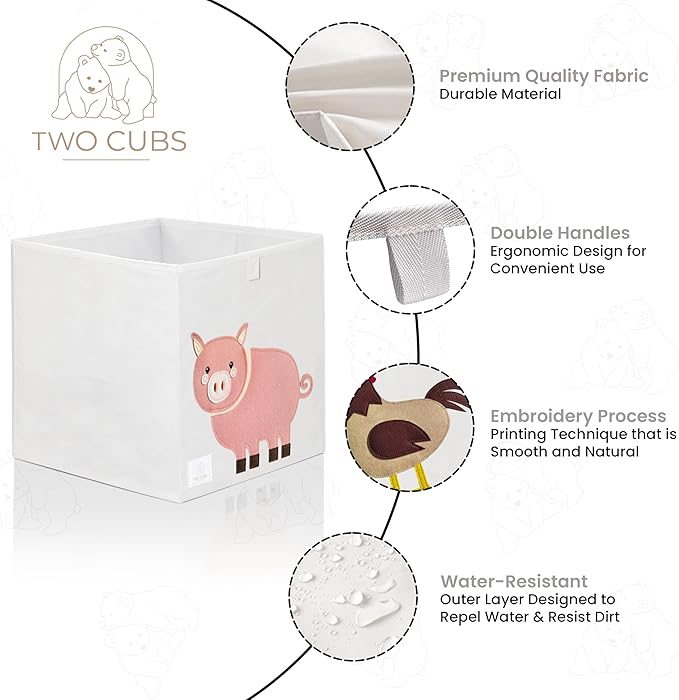 Two Cubs Foldable Kids Toy Storage Box - 13"x13" Cube Organizer Bin with Durable 2.6mm Plastic Plate Boards, Goat Design in White - Collapsible Nursery & Playroom Storage, Fits IKEA Kallax Shelves