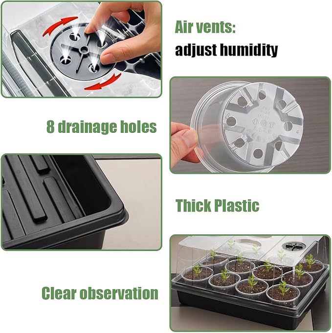 50p 3.5" Clear Nursery Pots with 4p Trays and 2p Adjustable LED Grow Lights – Transparent Plant Pots with Drainage Holes, Complete Seed Starter Kit with 5" Tall Humidity Dome for Plant Propagation