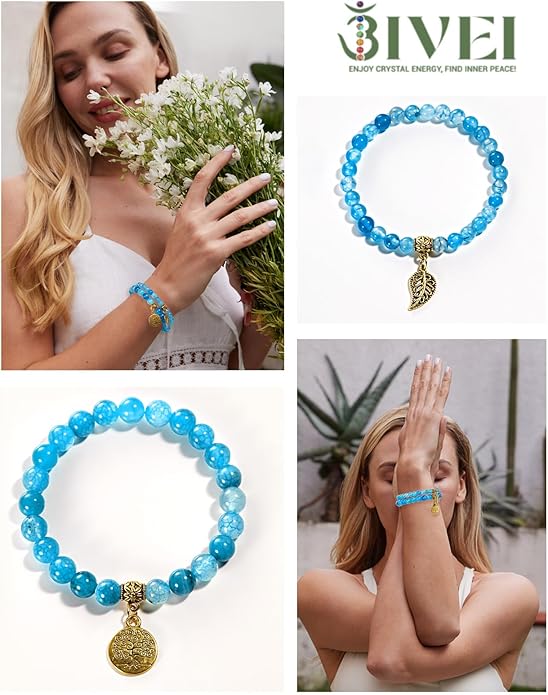 Bivei Natural Semi Precious Gemstone beads bracelet for women - Life Tree and Leaf Charm Energy Reiki Crystal Stretch Bracelets