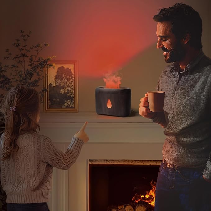 Flame Diffuser for Essential Oils, 200ml Ultrasonic Aroma Diffusers with Cool Mist, Aromatherapy Diffuser with Auto-Off Protection (Dark Wooden Grain(7 Colors), Peppermint+Lavender+Tea Tree+Lemon)