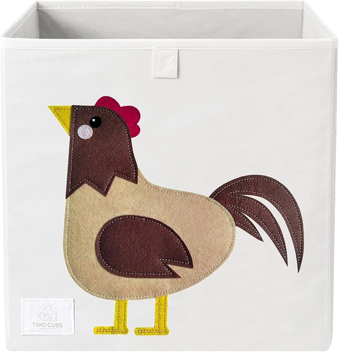 Two Cubs Foldable Kids Toy Storage Box - 13"x13" Cube Organizer Bin with Durable 2.6mm Plastic Plate Boards, Rooster Design in White - Collapsible Nursery & Playroom Storage, Fits IKEA Kallax Shelves