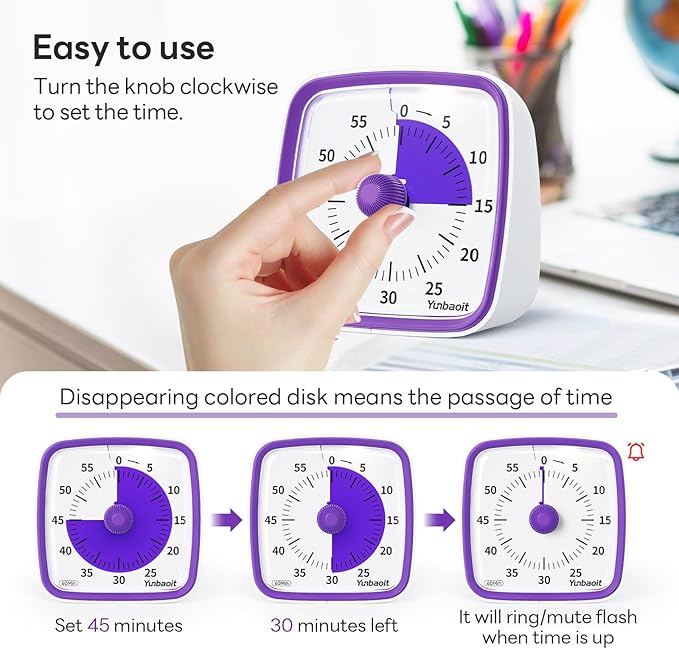 Yunbaoit Visual Timer with Night Light, 60-Minute Countdown Timer for Kids and Adults, Silent Classroom Timer, Time Management Tool for Home, School, or Work (Purple)