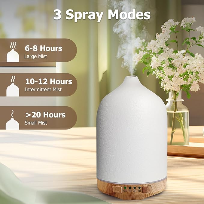 Ceramic Diffusers, Stone Essential Oil Diffuser, Ultrasonic Aromatherapy Diffusers for Home Auto Shut-Off, Wood Grain Base 250ML White