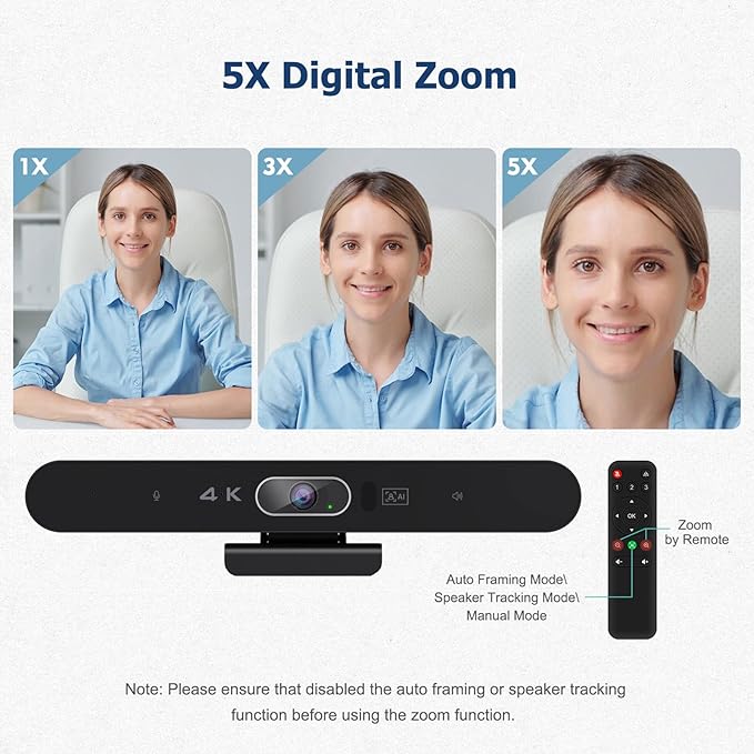 Conference Room Camera, All-in-One 4K Webcam with Microphone and Speaker, AI Tracking and Auto Framing, Wide Angle of View, Plug and Play USB Webcam for PC, Mac, Meetings, Teams, Zoom & Webex
