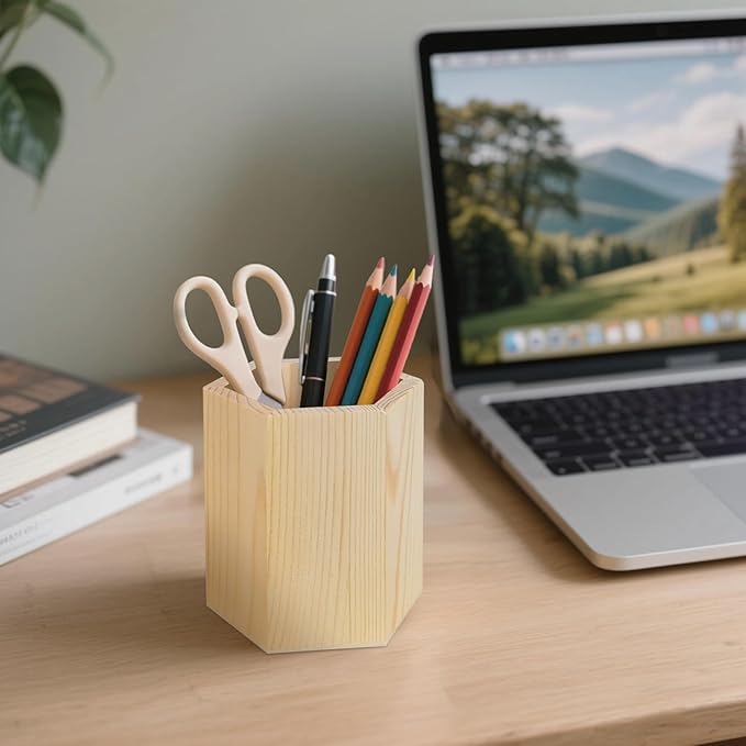 6 Pack Wood Pen Holder Unfinished Wooden Pencil Holder Pine Wood Pen Holder Stand for Desk Office Supplies Makeup Brushes Organizer (Hexagon)