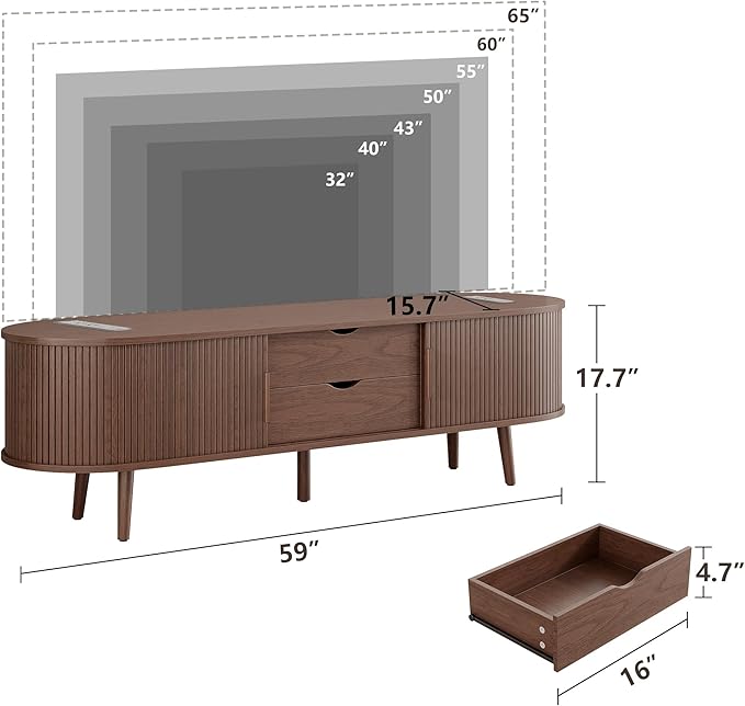 Alohappy 59" Mid Century Modern TV Stand with Power Outlet, Curved Edge Fluted TV Media Console Table with Drawer and Shelf, Farmhouse Entertainment Center for Living Room, Bedroom, Walnut
