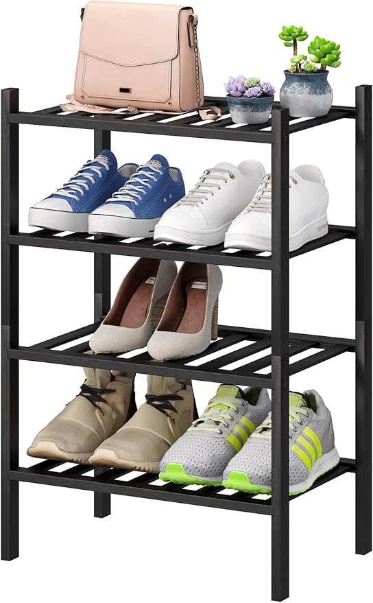 Black Small Shoe Rack for Entryway, 4-Tier Bamboo Shoe Organizer for Hallway Closet, Free Standing Shoe Racks for Indoor Outdoor