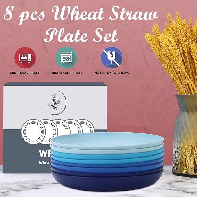Wheat Straw Salad Plates - 9 Inch Unbreakable Dinner Set of 8 Dishwasher & Microwave Safe Plastic Reusable Lightweight for kitchen,camping (Ocean),Ocean Series:Gradient Blue