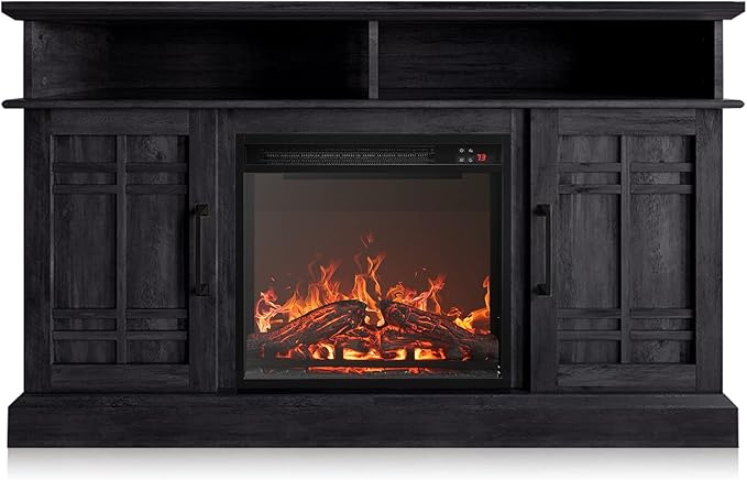 BELLEZE 48" TV Stand with 18" Electric Fireplace Heater, Modern TV Stand for TVs up to 50", Entertainment Media Stand with Open Shelves and Storage Cabinets for Living Room, Bedroom (Rustic Grey)