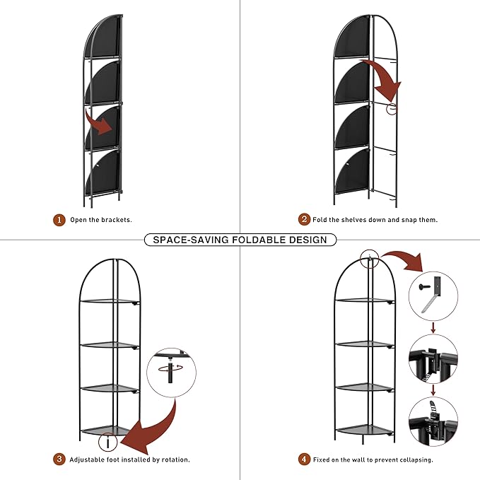 Crofy Foldable 4 Tier Corner Shelf, Metal Corner Plant Stand with Black Frame and Black Shelves, Corner Display Rack Multipurpose Shelving Unit for Living Room, Bedroom, Bathroom