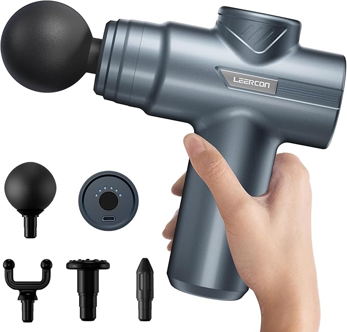 Mini Massage Gun, Compact Deep Tissue Massager, 6 Speeds, 4 Heads, Ideal Gift for Men & Women (Blue)