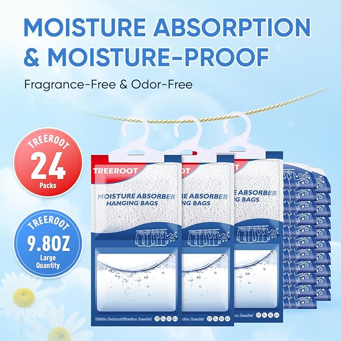 24 Pack Moisture Absorbers for Closet, 9.8OZ Hanging Closet Dehumidifier Bags, Hanging Humidity Absorber in Wardrobes, Kitchens and Bathrooms, Fragrance Free Portable Moisture bags