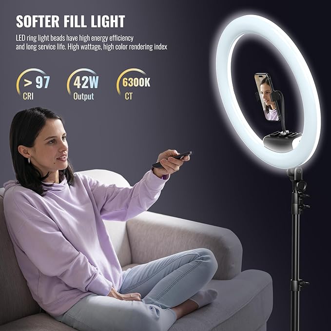 Ring Light with Stand, 19in LED Selfie Circle Light, Max 8ft/2.5m Tripod Stand, 3 Holders for iPhone, Remote Control, 6300K Color Temperature for Live Streaming, Barber, Makeup, YouTube, Tiktok