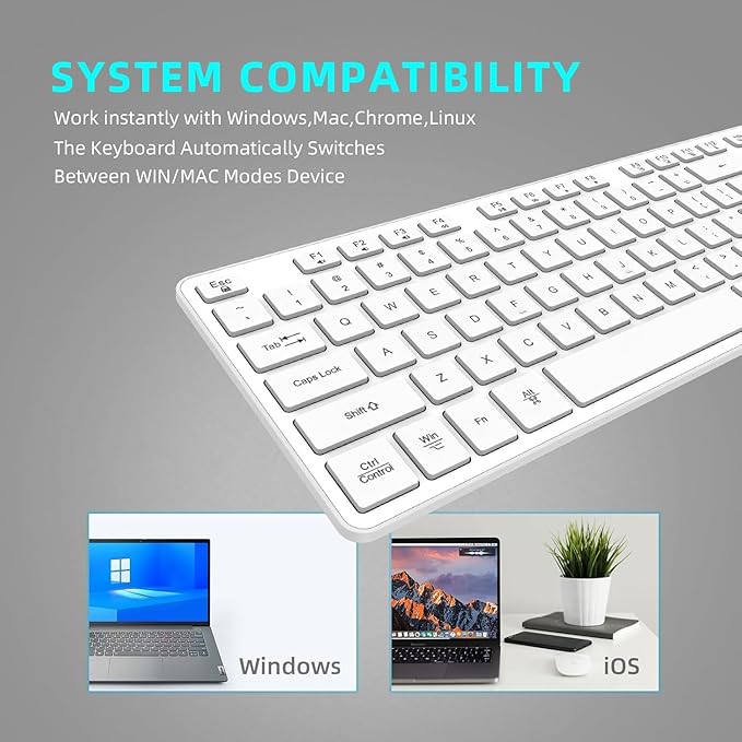 Slim Quiet Wireless Keyboard for Mac and Windows,Durable Flat Keyboard with Full Size Ultra Quiet Low-Profile Flat Keys, 2.4GHz Wireless for Mac,Windows 11/10/8/7/Vista,Microsoft & PC（White