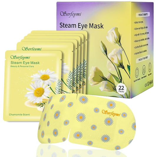 Serfeymi 22 Packs Steam Eye Mask, Warming Eye Mask Promote Sleep Eye Patch Self-Heating, Disposable Eye SPA Heated Eye Mask for Dry Eyes, Dark Circles, Tired Eyes, Eye Fatigue (Upgraded Chamomile)