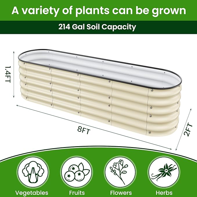 Raised Garden Beds 8 X 2 X 1.4Ft, Galvanized Raised Garden Beds Outdoor Planter Box for Vegetables, Gardening, Flowers, Fruits etc (Ivory)