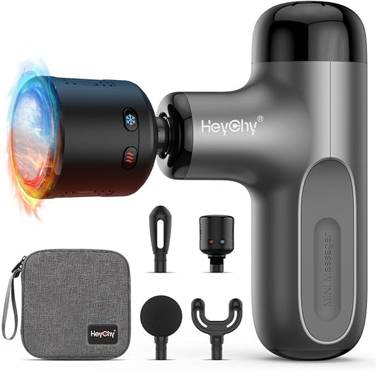 Mini Massage Gun with Heat and Cold, Deep Tissue Massage Gun, Portable Percussion Muscle Massager with 4 Massage Heads for Athletes