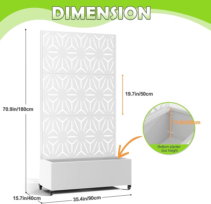 15.7"×70.9"×35.4" Metal Raised Garden Bed with Trellis and Wheels - Tall Trellis Planter Box for Climbing Plants, Vegetables & Vines - Outdoor Privacy Planters for Patio (White-Star)