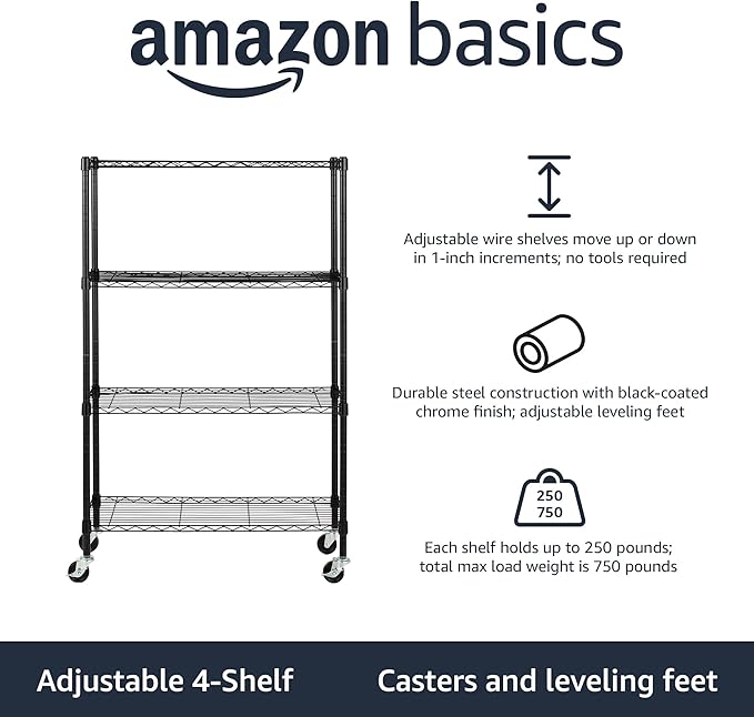 Amazon Basics 4-Shelf Adjustable, Heavy Duty Storage Shelving Unit on 3'' Wheel Casters, Metal Organizer Wire Rack, 36" L x 14" W x 57.75" H, Black