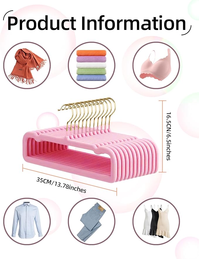 HGYZE Velvet Pants Hangers 20 Pack, 360° Swivel Gold Hook, Non Slip Felt Hanger for Spaghetti Strap Dresses Slack Jean, Short Neck Pant Bar for Closet, Cute Flocked Trouser for Adult Teen