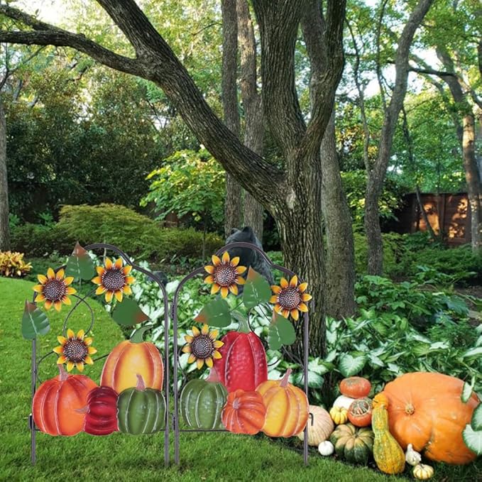 hogardeck Fall Decorations for Home Outdoor, Set of 2 Metal Fence Decorative Garden Stakes with Pumpkin Sunflower for for Fall Decor, Metal Yard Signs for Garden Lawn Patio Thanksgiving Decorations