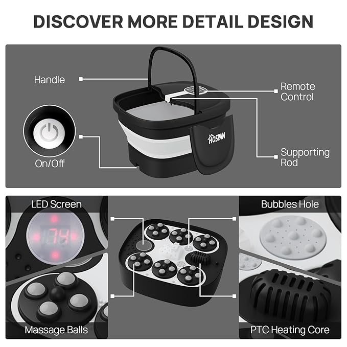 HOSPAN Collapsible Foot Spa Electric Rotary Massage, Foot Bath with Heat, Bubble, Remote, and 24 Motorized Shiatsu Massage Balls. Pedicure Foot Spa for Feet Stress Relief - FS02A