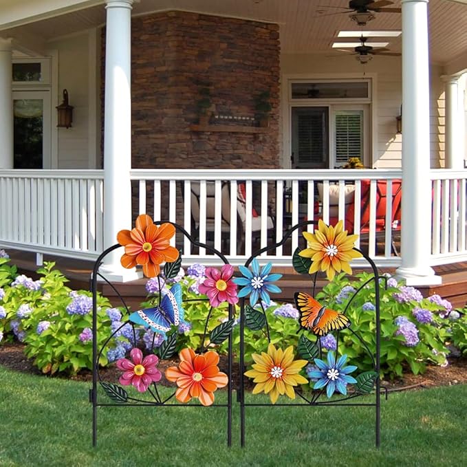 hogardeck Garden Decor for Outside, Set of 2 Metal Fence Decorative Garden Stakes with Flowers for Spring Decor, Yard Signs for Outdoor Patio Lawn Backyard Porch Decorations