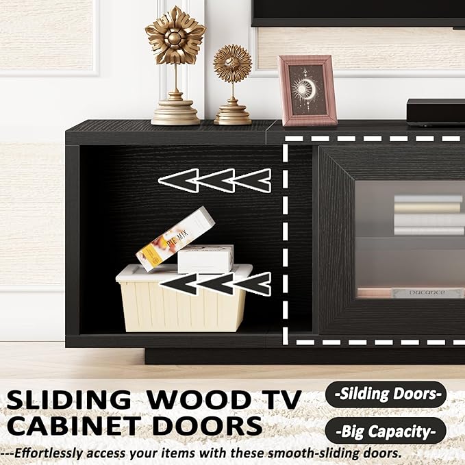 HSH Black TV Stand 55 Inch，Entertainment Center for Bedroom and Under TVs Cabinet with Storage,Modern TV Console with Sliding Doors for 60" TVs,Media Console for Living Room
