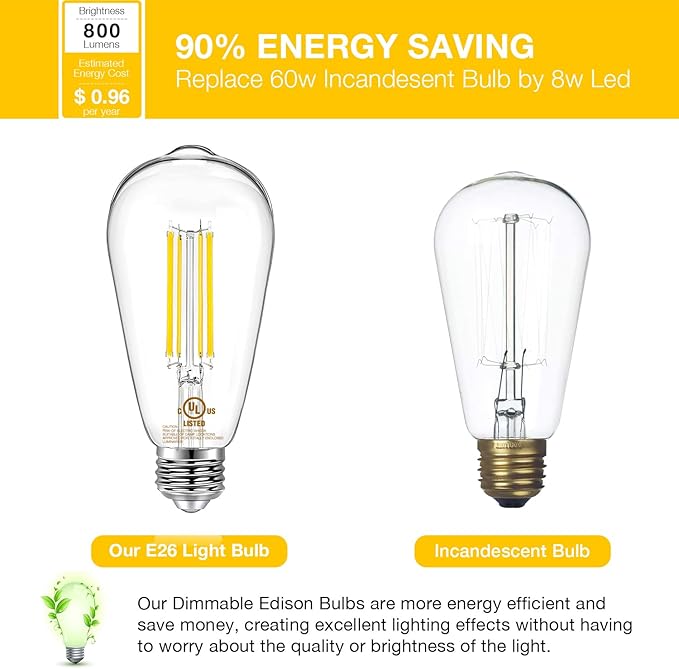 DAYBETTER 6 Pack Vintage LED Edison Bulbs, E26 Led Bulb 60W Equivalent, Dimmable Led Light Bulbs, High Brightness 800 LM Neutral White 4000K, ST58 Antique Filament Bulbs, Clear Glass Style for Home
