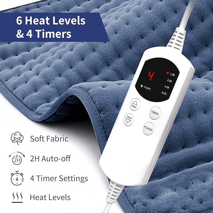 Heating Pad for Back & Period Cramps, 12"x24" Electric Heating Pad with 26" Waist Belt, 6 Heat Levels 4 Timers & 2H Auto Shut Off, Gift for Women Men Mom Dad (Blue)