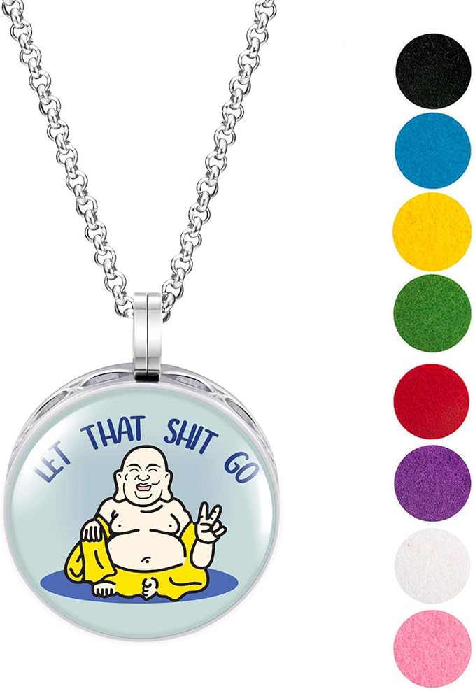 Wild Essentials Let it Go Buddha Enamel Finish Essential Oil Diffuser Necklace Gift Set - includes Aromatherapy Pendant, 24" Stainless Steel Chain, 8 Color Refill Pads