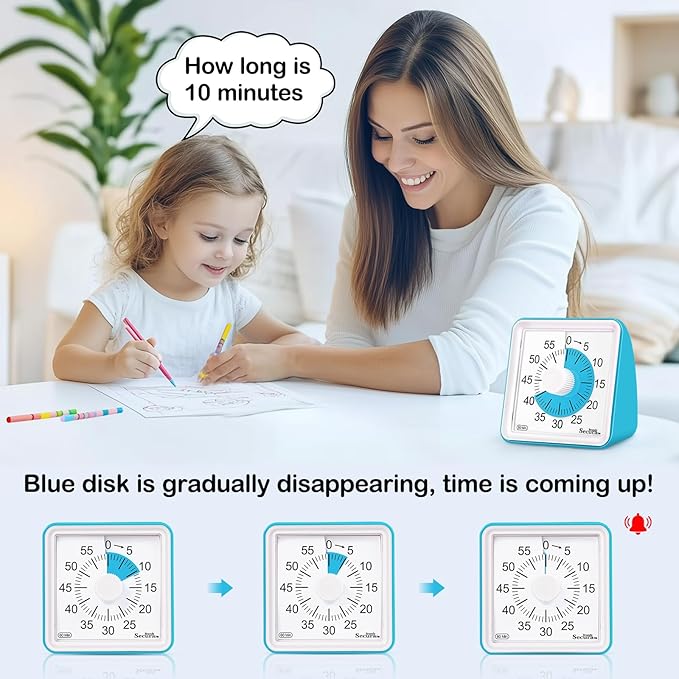 Secura 60 Minute Essential Visual Timer for Kids, Countdown Clock Timer for Special Education, Classroom, School, Desk, Home, Office, Silent Non-Ticking Time Management Tool (Blue & Blue)
