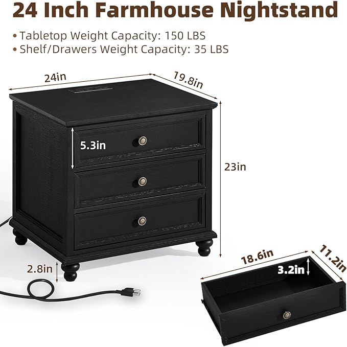 Farmhouse Nightstand with Charging Station, 24" Wide End Table with 3 Drawers,Wood Dresser Cabinet for Bedroom, Bed Side Table Chest of Drawers,Night Stand for Living Room, Closet,Black