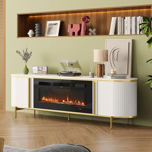 Luxury 70" Fluted Fireplace TV Stand, Modern Chic Entertainment Center for TVs Up to 80", TV Console for Living Room, White Media Cabinet with Storage,70 Inch