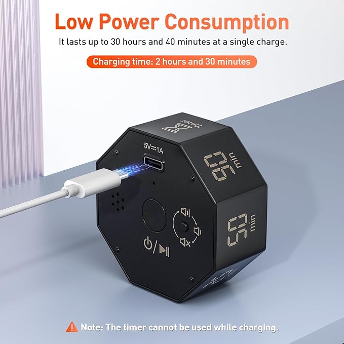 Secura Pomodoro Timer, Rotating Cube Time Tracker, Flip Gravity Sensor with 7 Presets, Visual Progress Bar for ADHD, Kids, Tasks, Work, Study (Dark Gray)