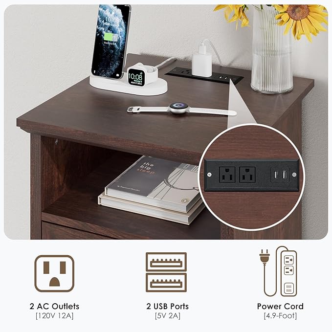 HOMMPA 18'' Farmhouse Nightstand with Charging Station, Bedside Tables with Storage, Bed Side End Table with Open Shelf, 2 Drawers Wood Night Stand Dresser for Bedroom, Living Room, Maroon Brown